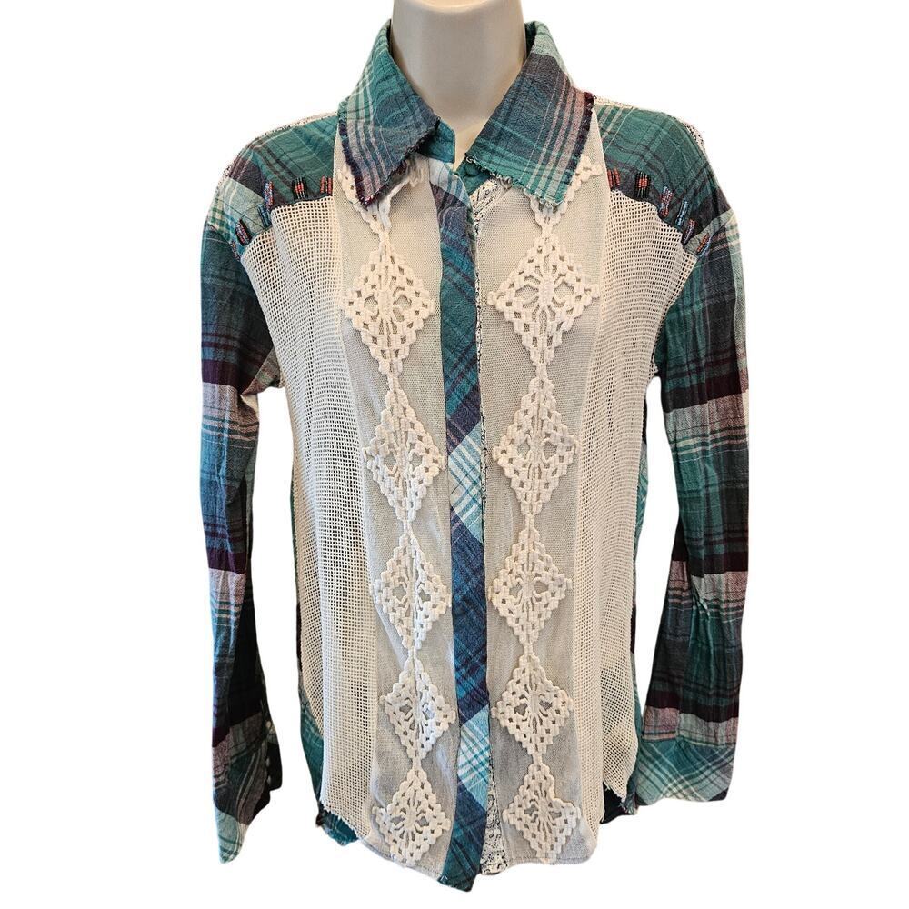 Gimmicks bke mixed media lace cowboy plaid button up coquette teal S western